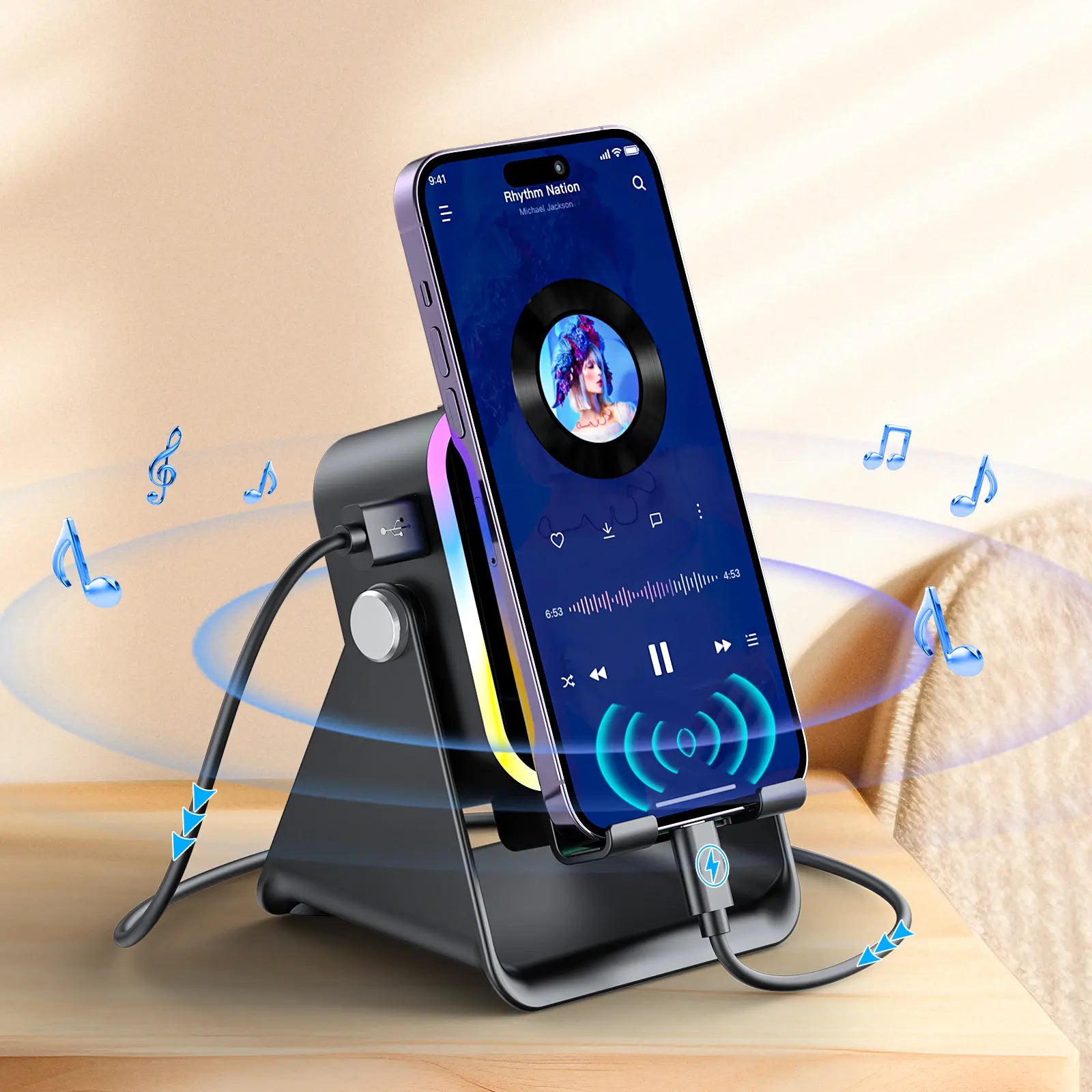 PUTARE Wireless Induction Audio Speaker Stand - 5-in-1 Cell Phone Holder, 3500mAh Rechargeable Emergency Power Bank, 360° Adjustable Mobile Tablet Stand with Colorful Ambient Light - Ideal Gift for Men and Women