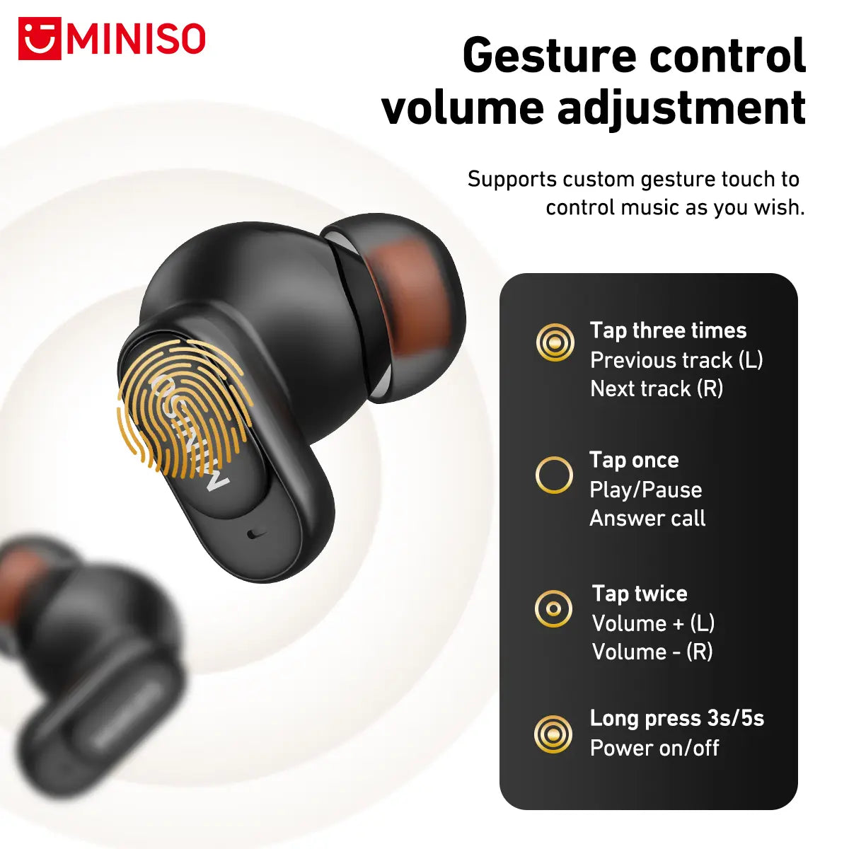 MINISO MS105 Bluetooth 6.0 Wireless Earbuds - Waterproof In-Ear Earphones with Built-in Microphone for Office, Sports, Study, and Gaming