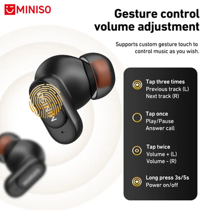 MINISO MS105 Bluetooth 6.0 Wireless Earbuds - Waterproof In-Ear Earphones with Built-in Microphone for Office, Sports, Study, and Gaming