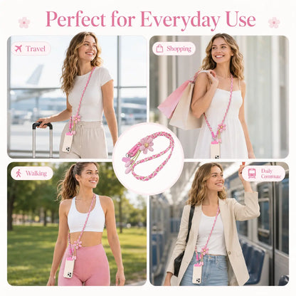 Handmade Crossbody Phone Lanyard with Flower Pattern, Heavy Duty Adjustable Cellphone Strap for Outdoor Travel, Anti-Loss Safety Woven Tether for Phone & Water Bottle