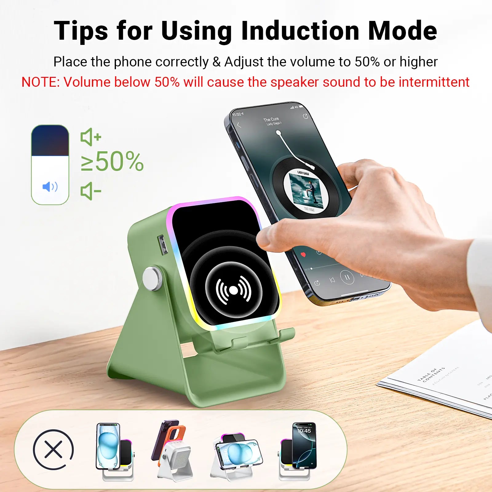 PUTARE Wireless Induction Audio Speaker Stand - 5-in-1 Cell Phone Holder, 3500mAh Rechargeable Emergency Power Bank, 360° Adjustable Mobile Tablet Stand with Colorful Ambient Light - Ideal Gift for Men and Women