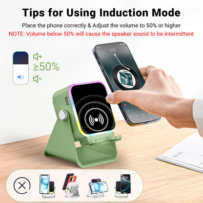 PUTARE Wireless Induction Audio Speaker Stand - 5-in-1 Cell Phone Holder, 3500mAh Rechargeable Emergency Power Bank, 360° Adjustable Mobile Tablet Stand with Colorful Ambient Light - Ideal Gift for Men and Women