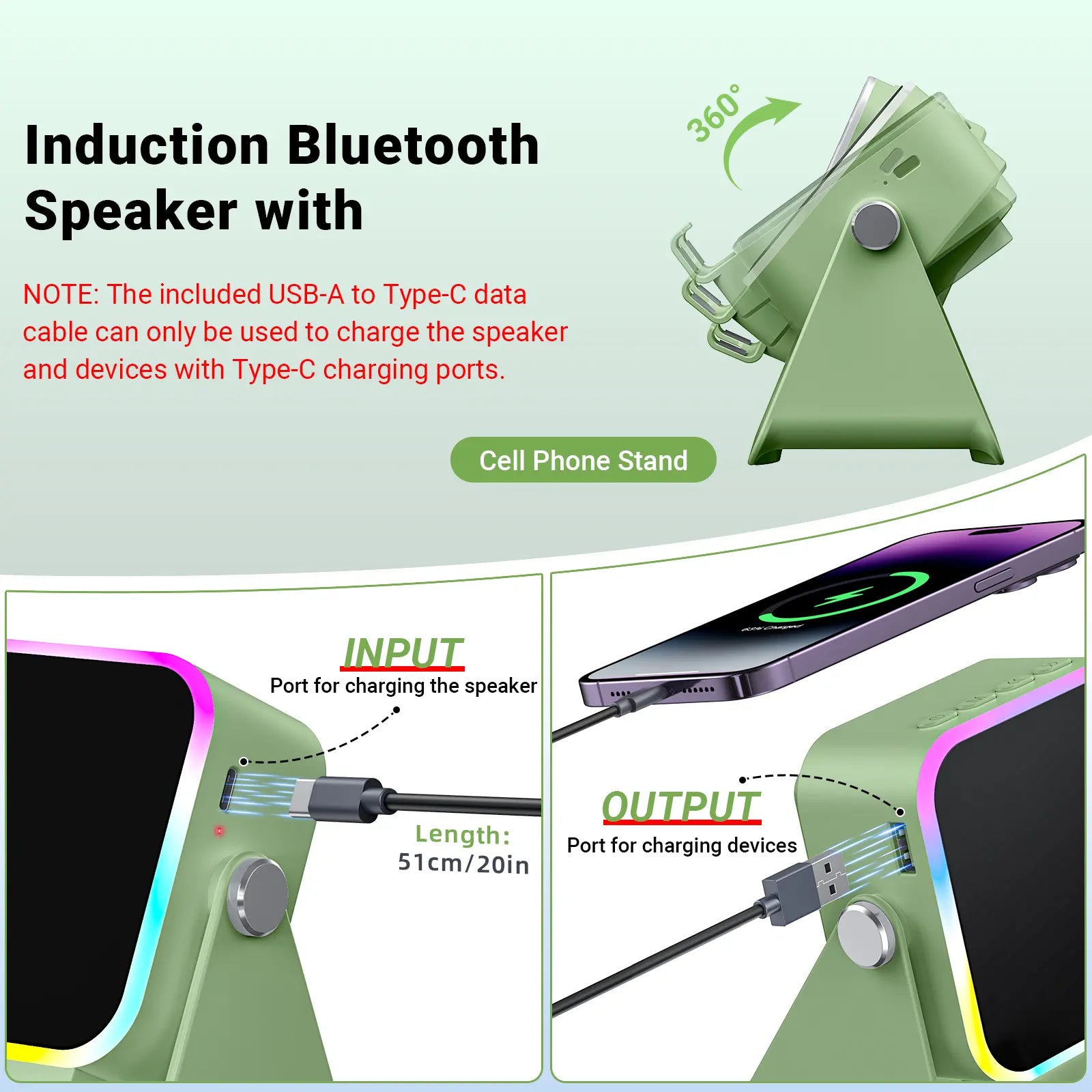 PUTARE Wireless Induction Audio Speaker Stand - 5-in-1 Cell Phone Holder, 3500mAh Rechargeable Emergency Power Bank, 360° Adjustable Mobile Tablet Stand with Colorful Ambient Light - Ideal Gift for Men and Women