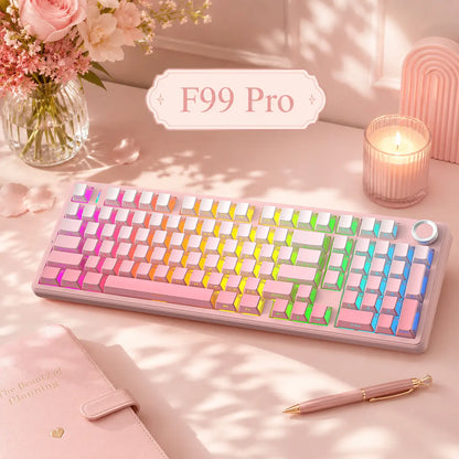 [New]Aula F99 Pro Cute Aesthetic Silent Keyboard, Wireless Custom Mechanical Keyboard, Gradient Pink for Cozy Desk Setup, Tri-Mode RGB Backlight,Hot Swappable Gaming Keyboard with Knob for PC Mac