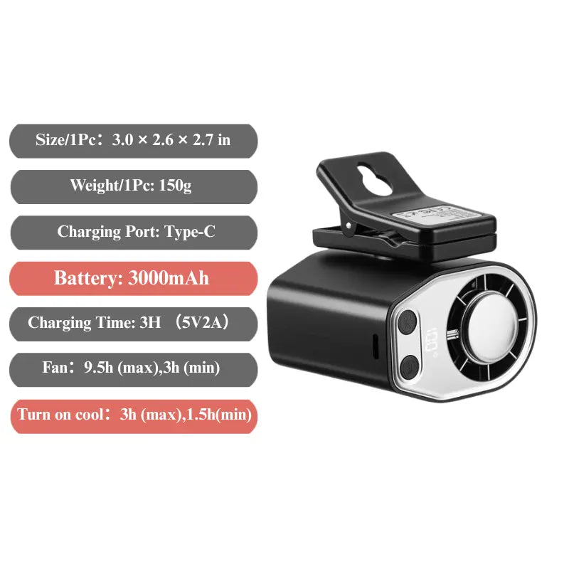 Joytutus Semiconductor Cooling Clip-On Fan - Portable 360° Rotatable Fan with 100-Speed Adjustment, USB Rechargeable, 16℃ Wide Clamp, 3000mAh Battery, LED Display, Ideal Car Accessory for Father's Day