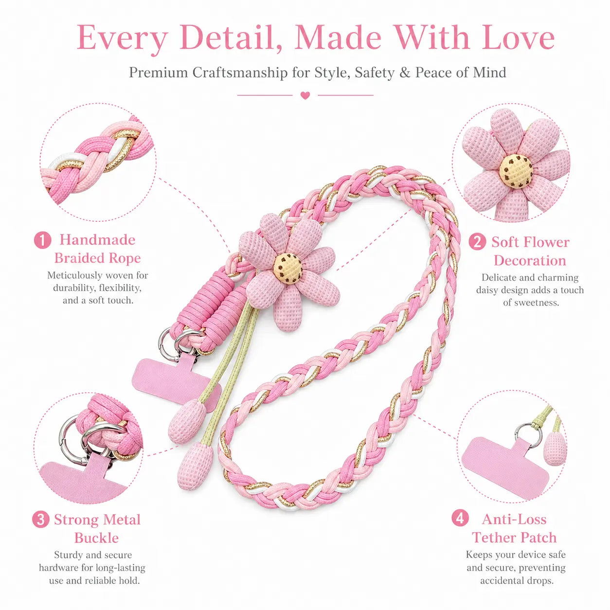 Handmade Crossbody Phone Lanyard with Flower Pattern, Heavy Duty Adjustable Cellphone Strap for Outdoor Travel, Anti-Loss Safety Woven Tether for Phone & Water Bottle