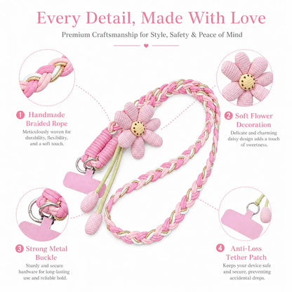 Handmade Crossbody Phone Lanyard with Flower Pattern, Heavy Duty Adjustable Cellphone Strap for Outdoor Travel, Anti-Loss Safety Woven Tether for Phone & Water Bottle