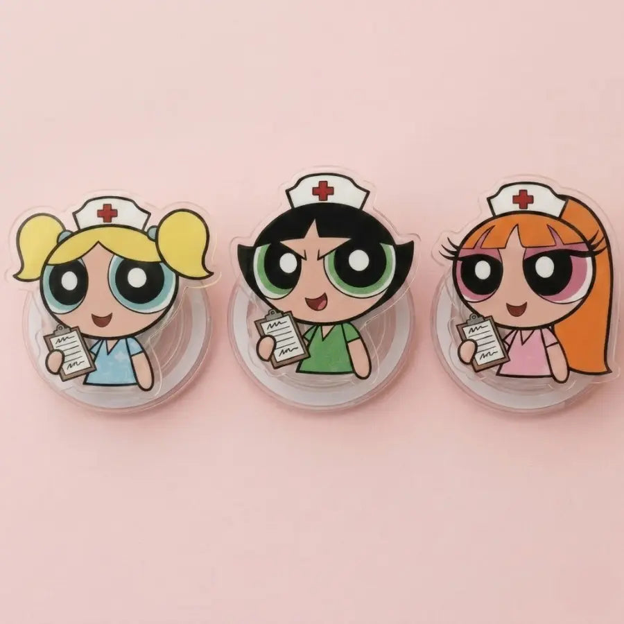 Nurse Powerpufff Girls Badge Reel and Phone Grip, Cute Accessories, Cute Cartoon Retractable Acrylic ID Name Tag Holder and Kindle Grip, Gift for Fans