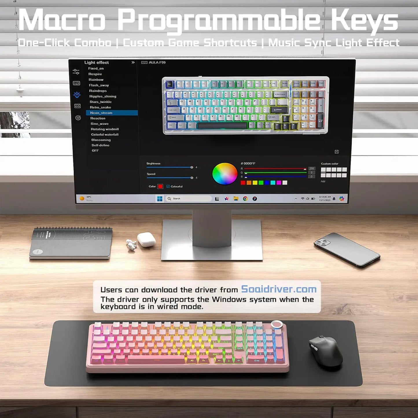 [New]Aula F99 Pro Cute Aesthetic Silent Keyboard, Wireless Custom Mechanical Keyboard, Gradient Pink for Cozy Desk Setup, Tri-Mode RGB Backlight,Hot Swappable Gaming Keyboard with Knob for PC Mac