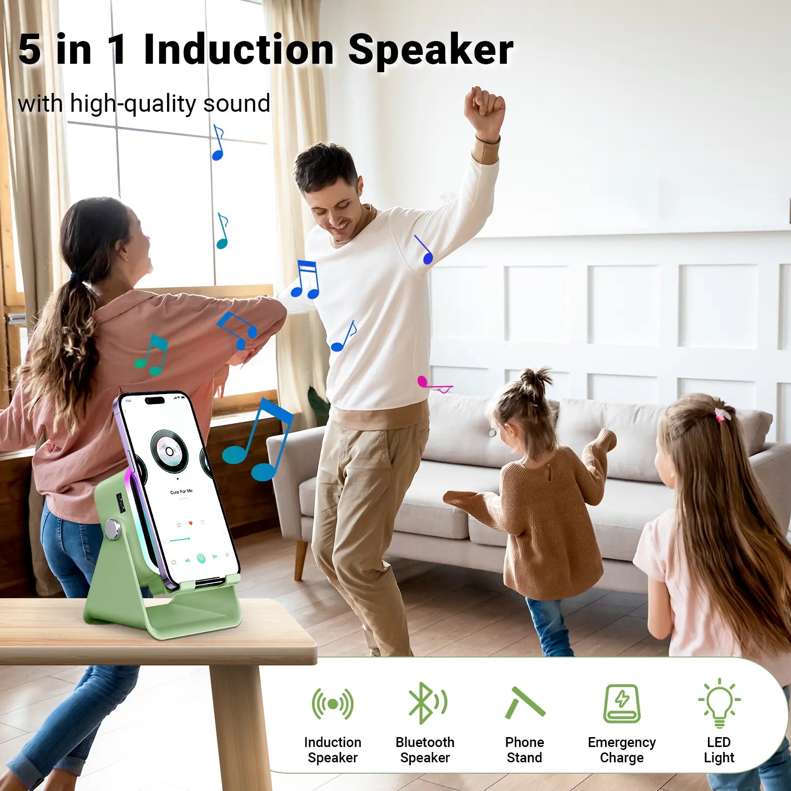 PUTARE Wireless Induction Audio Speaker Stand - 5-in-1 Cell Phone Holder, 3500mAh Rechargeable Emergency Power Bank, 360° Adjustable Mobile Tablet Stand with Colorful Ambient Light - Ideal Gift for Men and Women
