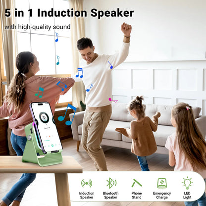 PUTARE Wireless Induction Audio Speaker Stand - 5-in-1 Cell Phone Holder, 3500mAh Rechargeable Emergency Power Bank, 360° Adjustable Mobile Tablet Stand with Colorful Ambient Light - Ideal Gift for Men and Women