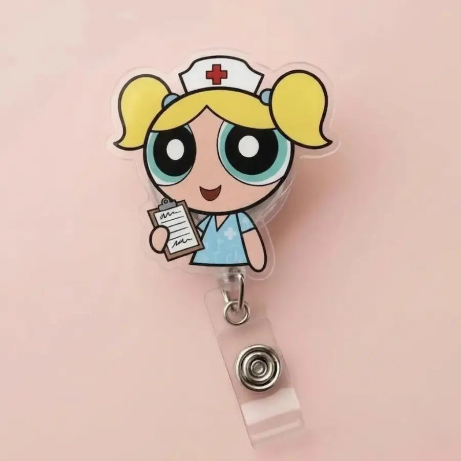 Nurse Powerpufff Girls Badge Reel and Phone Grip, Cute Accessories, Cute Cartoon Retractable Acrylic ID Name Tag Holder and Kindle Grip, Gift for Fans
