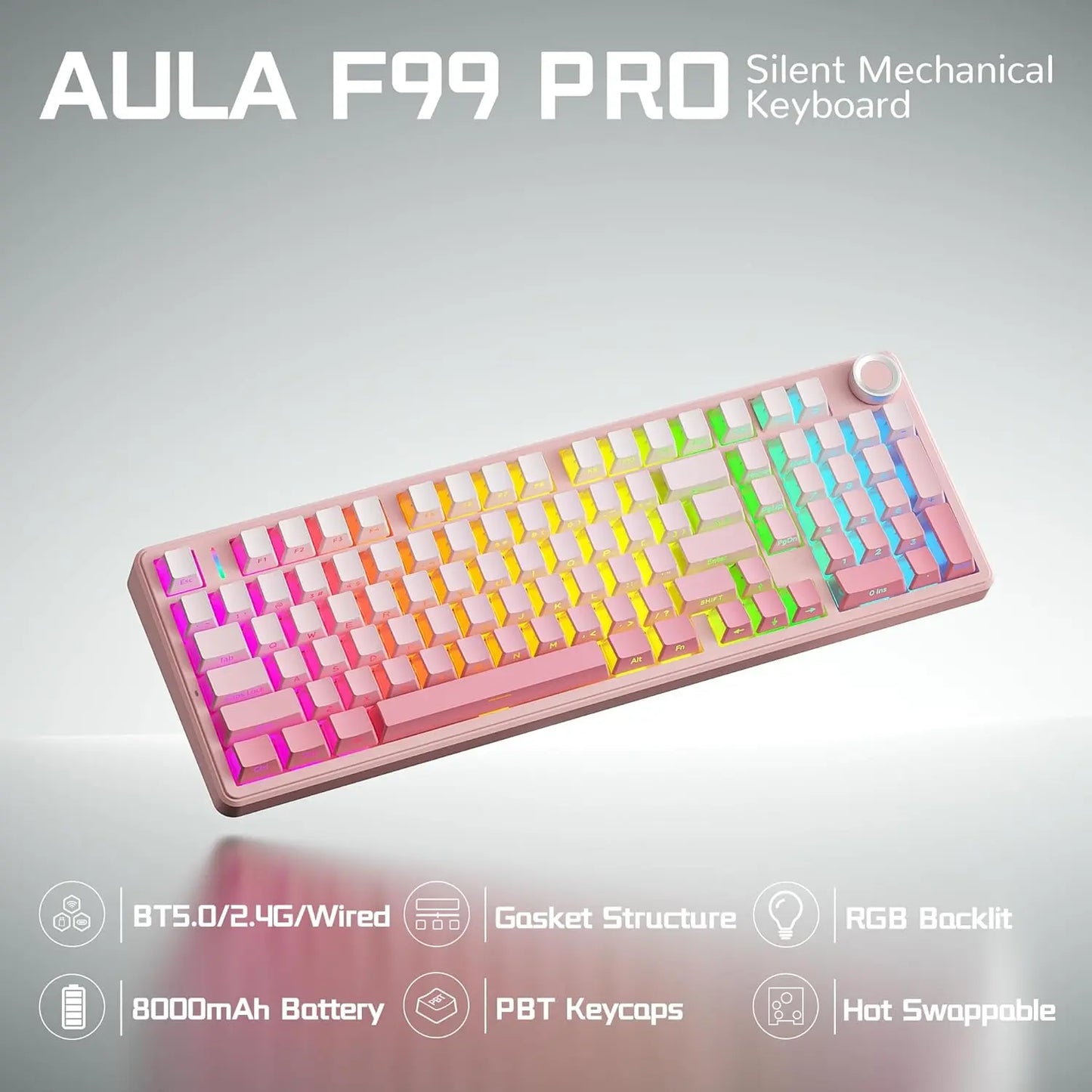 [New]Aula F99 Pro Cute Aesthetic Silent Keyboard, Wireless Custom Mechanical Keyboard, Gradient Pink for Cozy Desk Setup, Tri-Mode RGB Backlight,Hot Swappable Gaming Keyboard with Knob for PC Mac