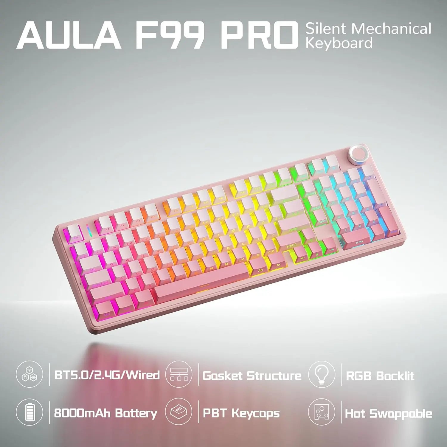 [New]Aula F99 Pro Cute Aesthetic Silent Keyboard, Wireless Custom Mechanical Keyboard, Gradient Pink for Cozy Desk Setup, Tri-Mode RGB Backlight,Hot Swappable Gaming Keyboard with Knob for PC Mac