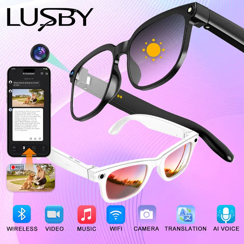 LUSBY Smart AI Camera Glasses with 8MP Photochromic Lenses, Touch Button Adjustment, Hands-Free Photography, Real-Time Translation in 160+ Languages, Bluetooth Connectivity, Wearable Video Recording, UV Protection – Ideal for Outdoor Adventures and Travel