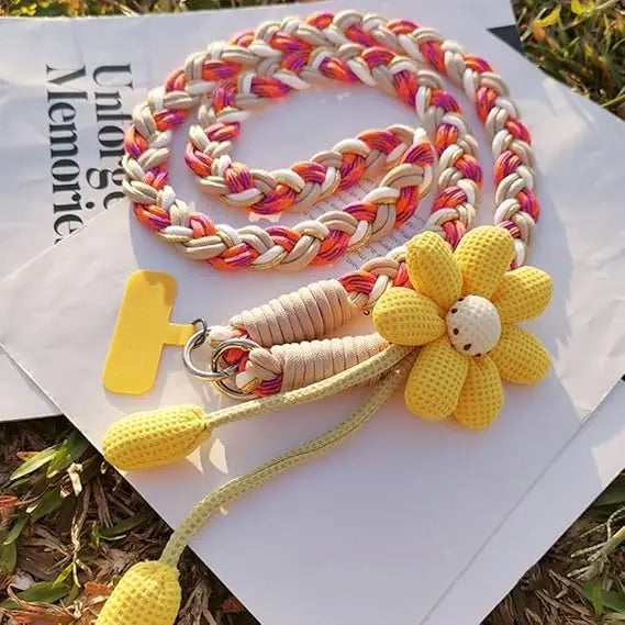 Handmade Crossbody Phone Lanyard with Flower Pattern, Heavy Duty Adjustable Cellphone Strap for Outdoor Travel, Anti-Loss Safety Woven Tether for Phone & Water Bottle
