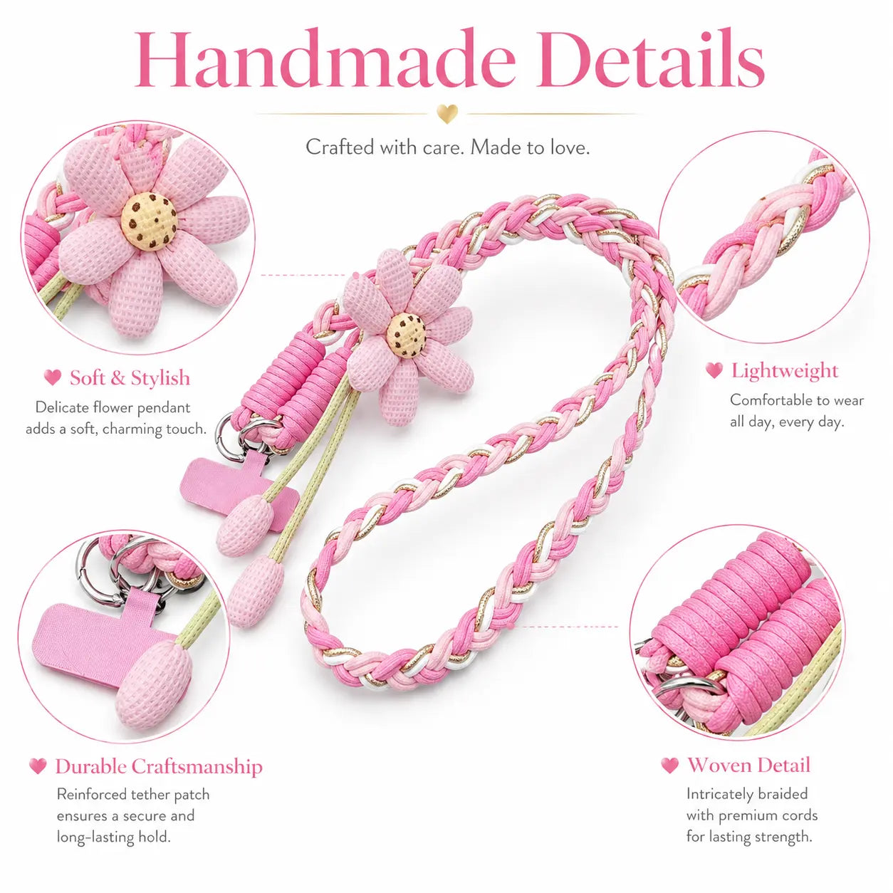 Handmade Crossbody Phone Lanyard with Flower Pattern, Heavy Duty Adjustable Cellphone Strap for Outdoor Travel, Anti-Loss Safety Woven Tether for Phone & Water Bottle