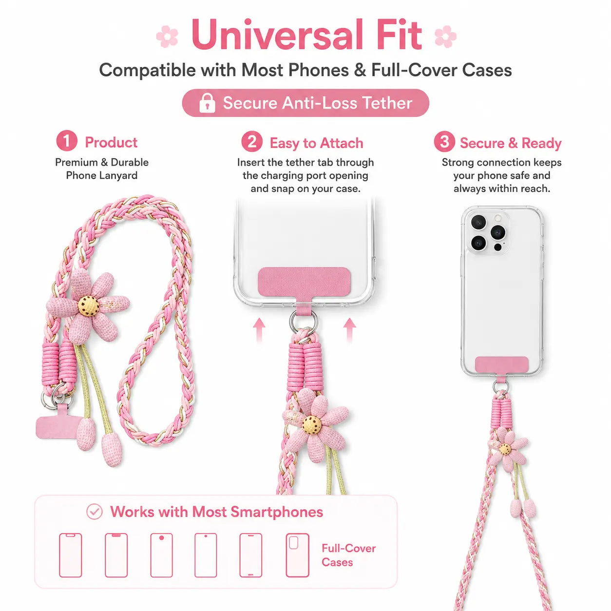 Handmade Crossbody Phone Lanyard with Flower Pattern, Heavy Duty Adjustable Cellphone Strap for Outdoor Travel, Anti-Loss Safety Woven Tether for Phone & Water Bottle
