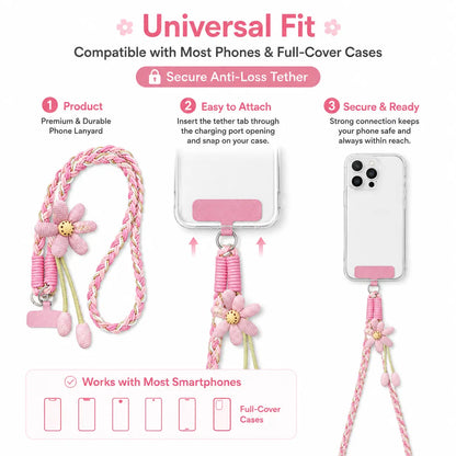Handmade Crossbody Phone Lanyard with Flower Pattern, Heavy Duty Adjustable Cellphone Strap for Outdoor Travel, Anti-Loss Safety Woven Tether for Phone & Water Bottle