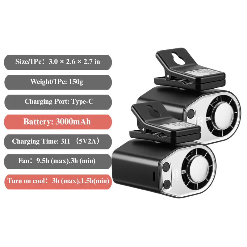 Joytutus Semiconductor Cooling Clip-On Fan - Portable 360° Rotatable Fan with 100-Speed Adjustment, USB Rechargeable, 16℃ Wide Clamp, 3000mAh Battery, LED Display, Ideal Car Accessory for Father's Day