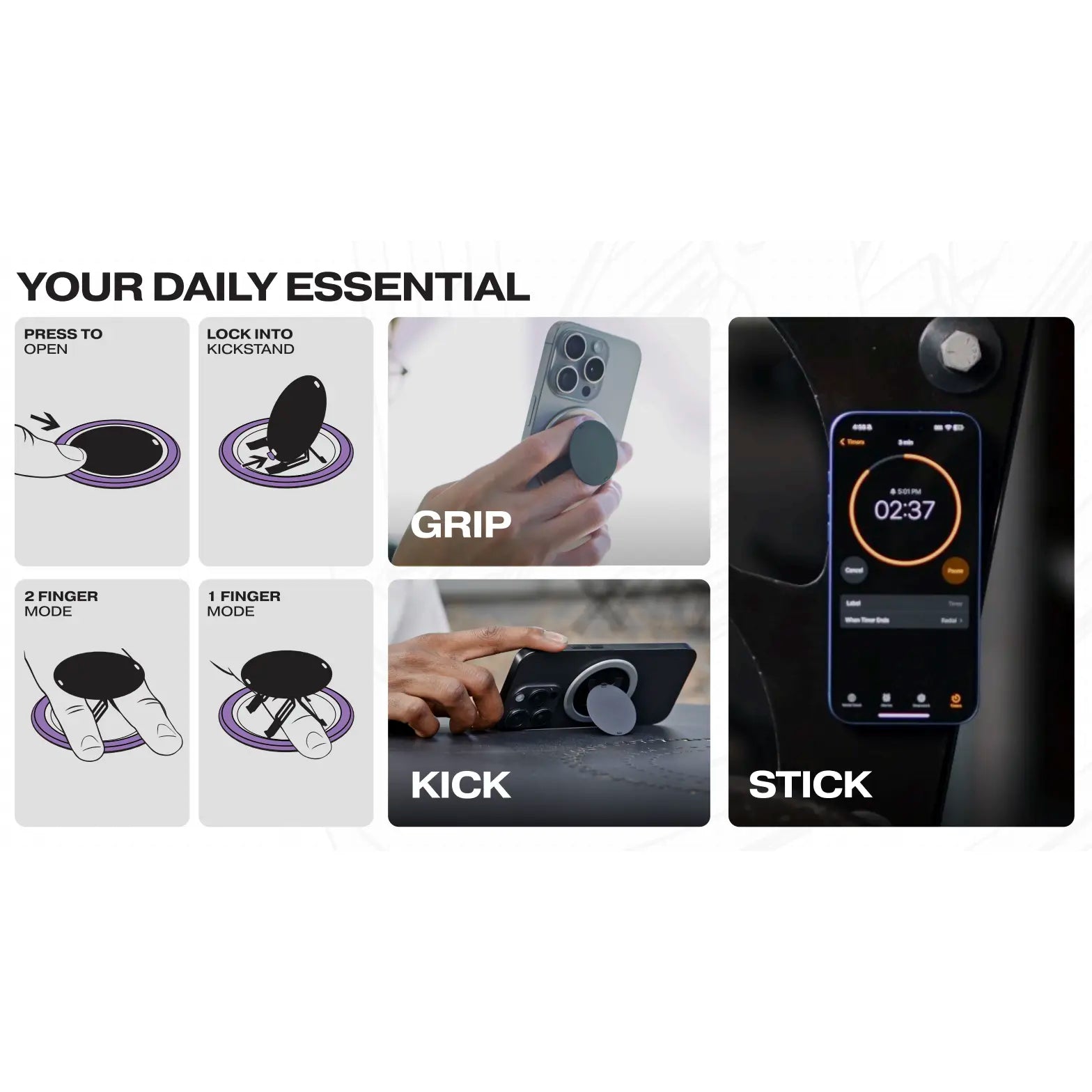 Snap Grip 5 - Versatile Magnetic Phone Grip Stand and Mount for iPhone and Android with 360° Rotation and Adhesive-Free Design