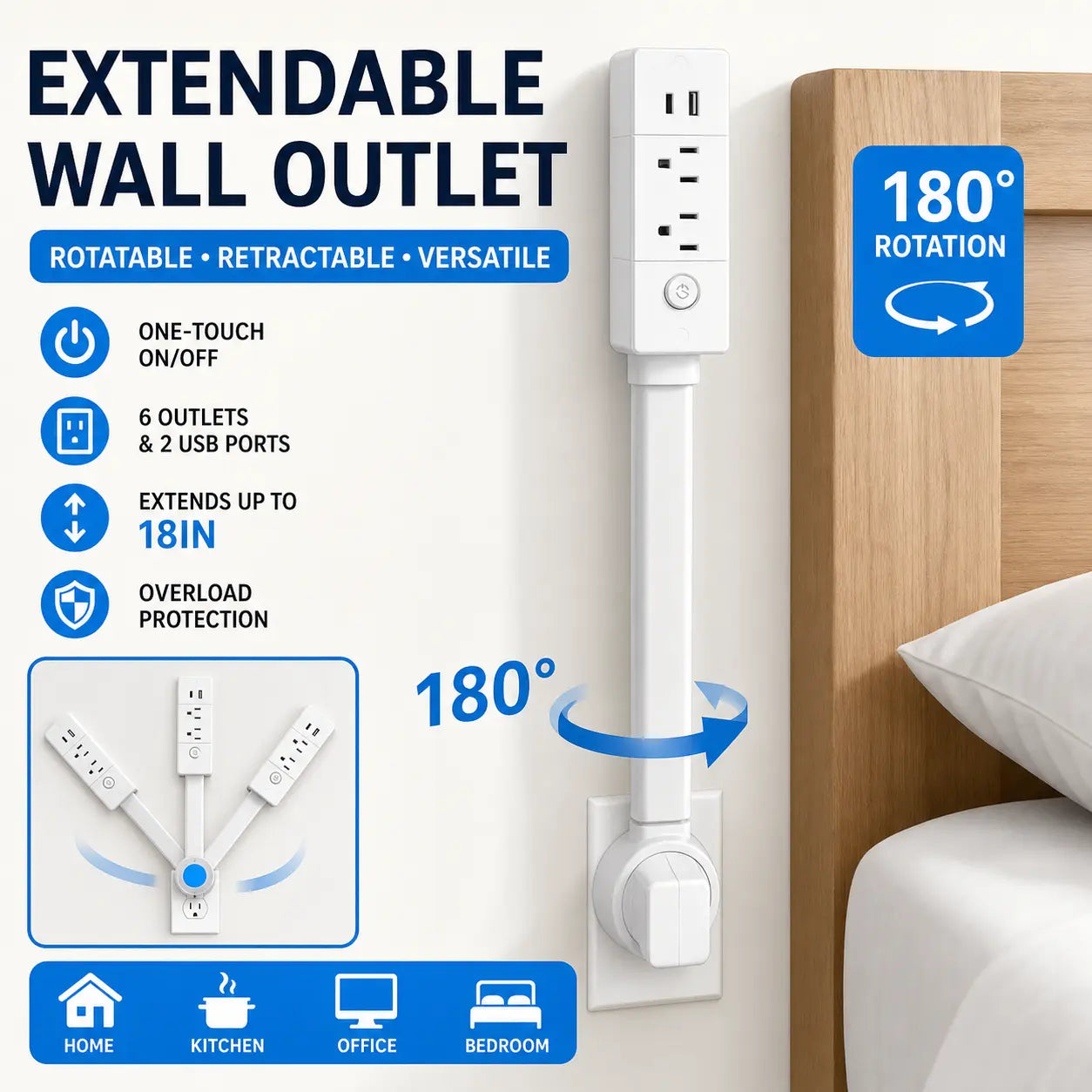 [Father'S Day Gifts]Eazy Electrical Outlet Extender - Prevents Fire Hazards,Surge Protector Outlet Extender,3-In-1 Telescopic Rotating Outlet Extender with [Independent Power Switch], 180° Swivel Wall Tap with USB Ports