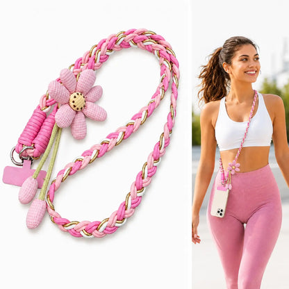 Handmade Crossbody Phone Lanyard with Flower Pattern, Heavy Duty Adjustable Cellphone Strap for Outdoor Travel, Anti-Loss Safety Woven Tether for Phone & Water Bottle