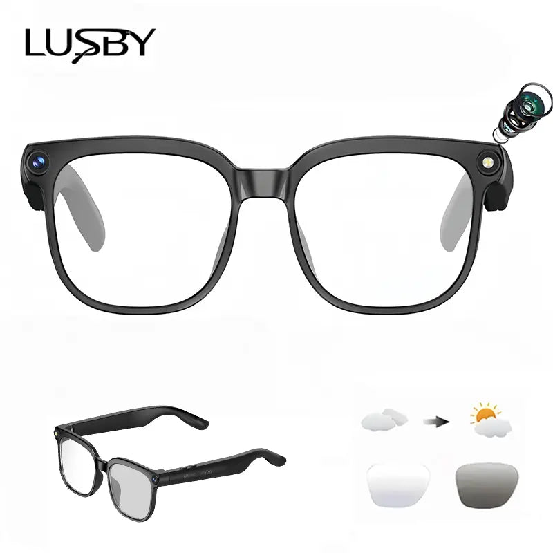 LUSBY Smart AI Camera Glasses with 8MP Photochromic Lenses, Touch Button Adjustment, Hands-Free Photography, Real-Time Translation in 160+ Languages, Bluetooth Connectivity, Wearable Video Recording, UV Protection – Ideal for Outdoor Adventures and Travel