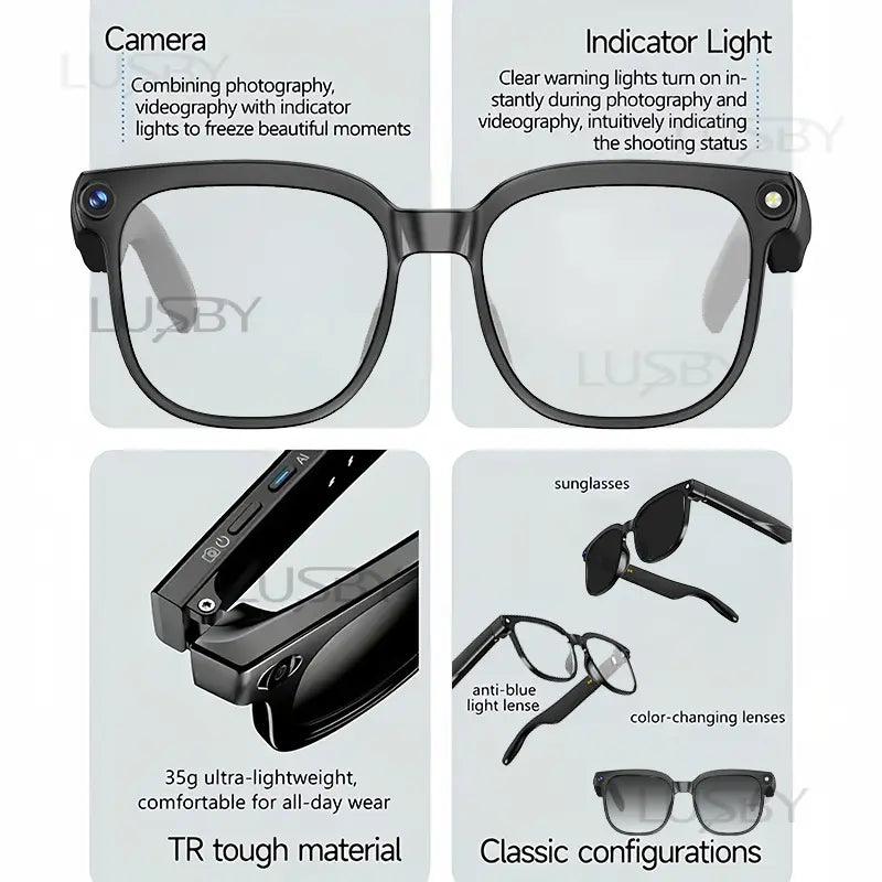LUSBY Smart AI Camera Glasses with 8MP Photochromic Lenses, Touch Button Adjustment, Hands-Free Photography, Real-Time Translation in 160+ Languages, Bluetooth Connectivity, Wearable Video Recording, UV Protection – Ideal for Outdoor Adventures and Travel