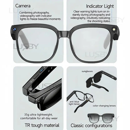LUSBY Smart AI Camera Glasses with 8MP Photochromic Lenses, Touch Button Adjustment, Hands-Free Photography, Real-Time Translation in 160+ Languages, Bluetooth Connectivity, Wearable Video Recording, UV Protection – Ideal for Outdoor Adventures and Travel