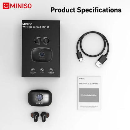 MINISO MS105 Bluetooth 6.0 Wireless Earbuds - Waterproof In-Ear Earphones with Built-in Microphone for Office, Sports, Study, and Gaming