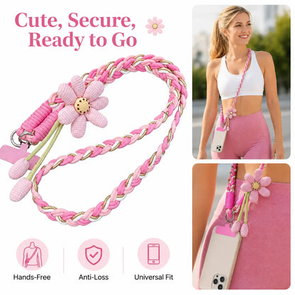 Handmade Crossbody Phone Lanyard with Flower Pattern, Heavy Duty Adjustable Cellphone Strap for Outdoor Travel, Anti-Loss Safety Woven Tether for Phone & Water Bottle