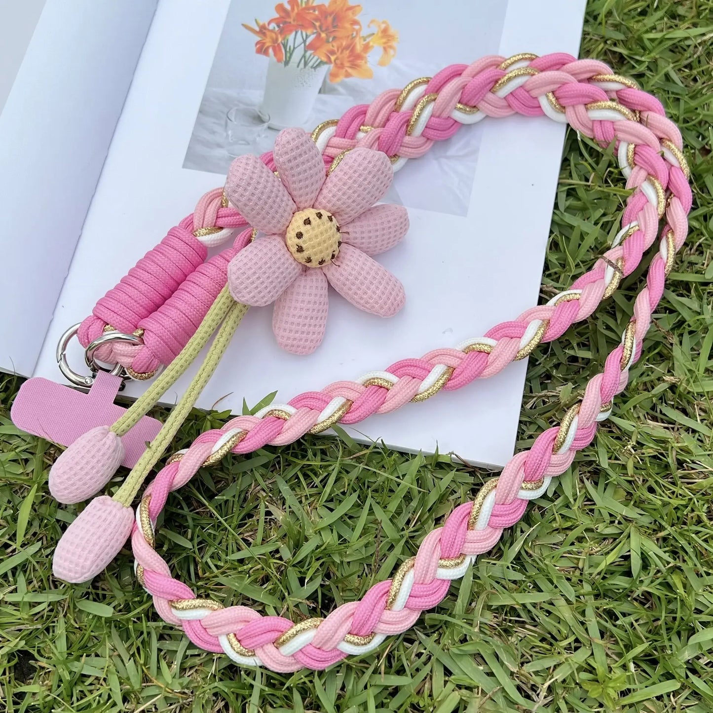 Handmade Crossbody Phone Lanyard with Flower Pattern, Heavy Duty Adjustable Cellphone Strap for Outdoor Travel, Anti-Loss Safety Woven Tether for Phone & Water Bottle