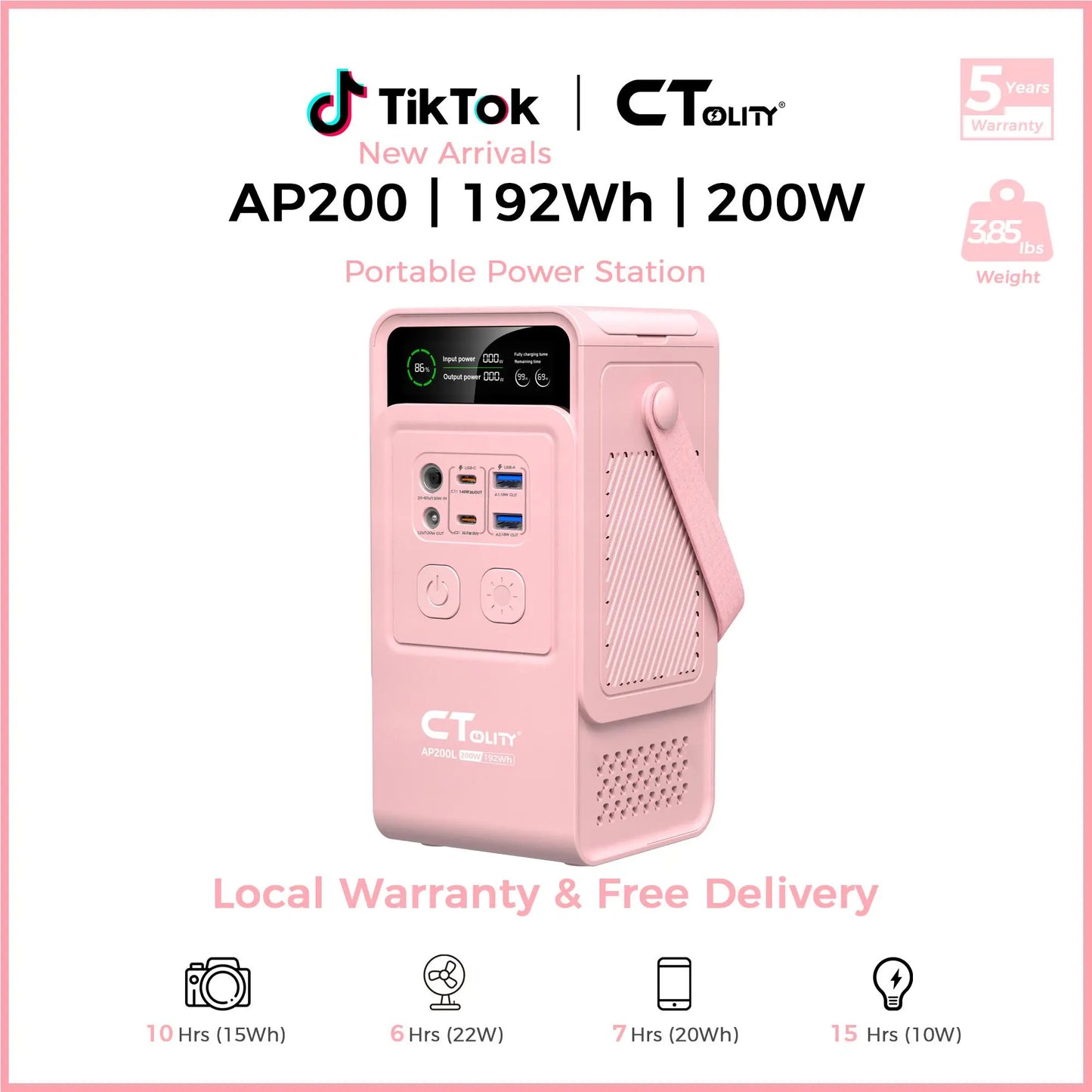 [Dealsforyoudays]Ctolity AP200 Portable Power Bank 192Wh 200W Lifepo4 Battery 3000+ Cycle 140W Ultra Fast Charging LED DC Solar 150W