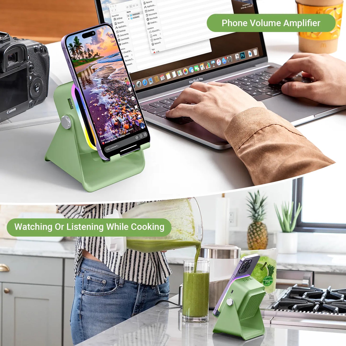 PUTARE Wireless Induction Audio Speaker Stand - 5-in-1 Cell Phone Holder, 3500mAh Rechargeable Emergency Power Bank, 360° Adjustable Mobile Tablet Stand with Colorful Ambient Light - Ideal Gift for Men and Women
