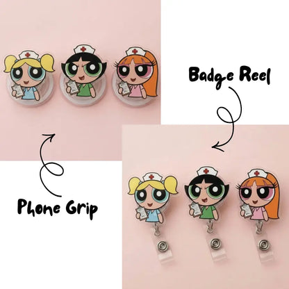 Nurse Powerpufff Girls Badge Reel and Phone Grip, Cute Accessories, Cute Cartoon Retractable Acrylic ID Name Tag Holder and Kindle Grip, Gift for Fans