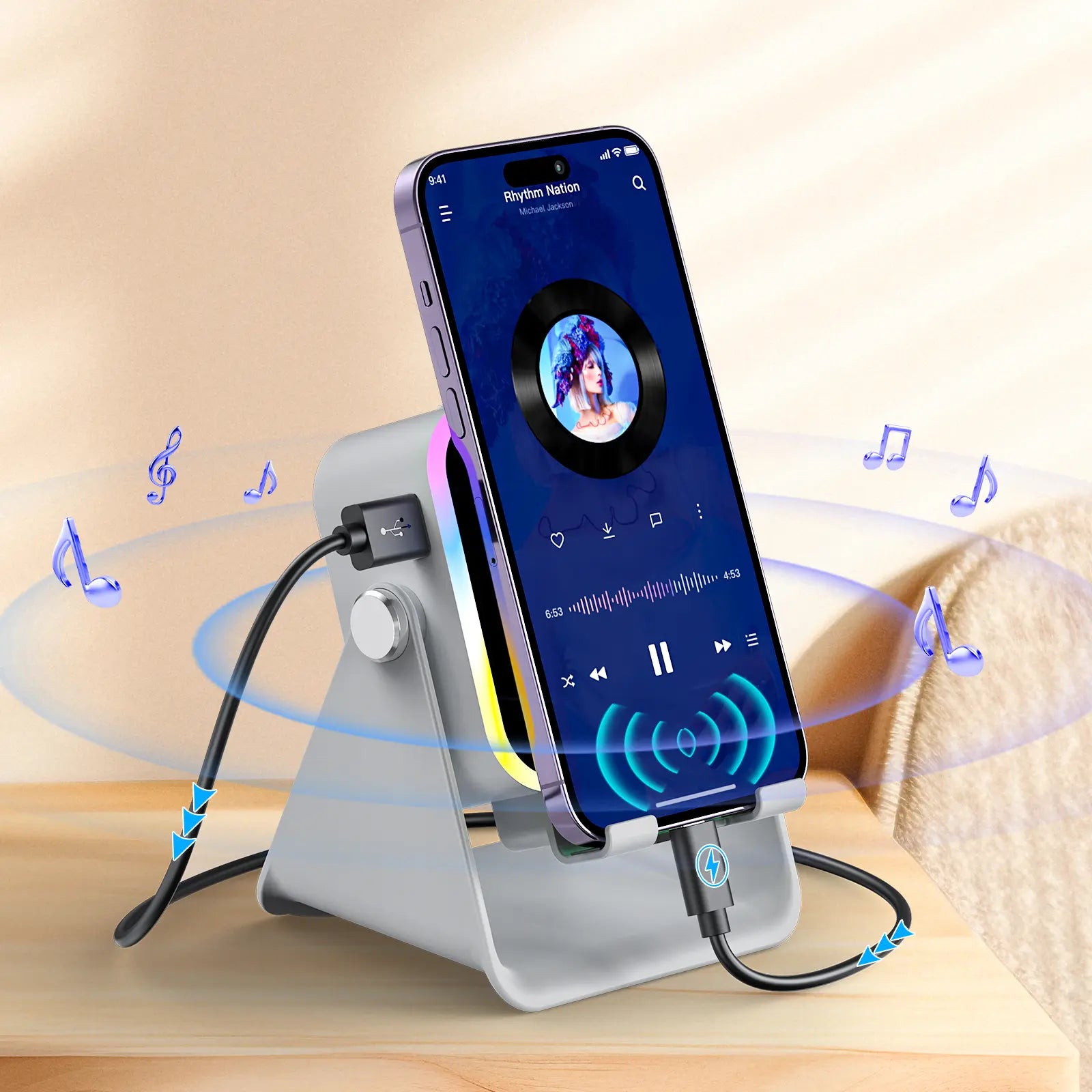 PUTARE Wireless Induction Audio Speaker Stand - 5-in-1 Cell Phone Holder, 3500mAh Rechargeable Emergency Power Bank, 360° Adjustable Mobile Tablet Stand with Colorful Ambient Light - Ideal Gift for Men and Women
