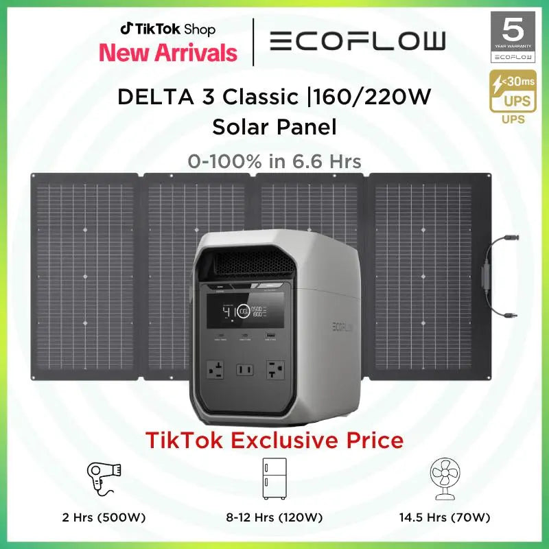 [LIVE] ECOFLOW DELTA 3 Classic Portable Power Station with 160 or 220W Solar Panel, Solar Charging, Lifepo4 Battery, 1800W AC/100W USB-C Output