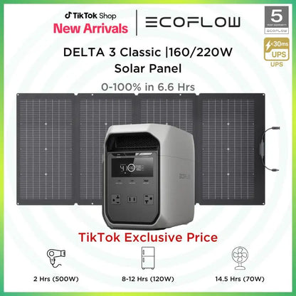 [LIVE] ECOFLOW DELTA 3 Classic Portable Power Station with 160 or 220W Solar Panel, Solar Charging, Lifepo4 Battery, 1800W AC/100W USB-C Output