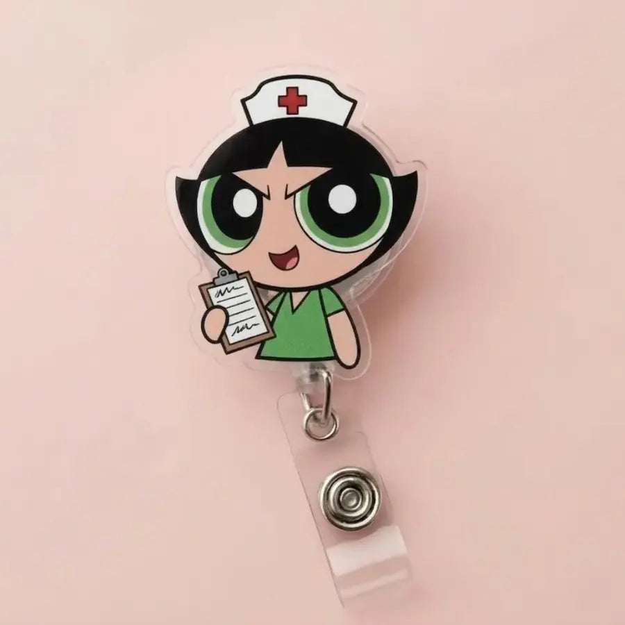 Nurse Powerpufff Girls Badge Reel and Phone Grip, Cute Accessories, Cute Cartoon Retractable Acrylic ID Name Tag Holder and Kindle Grip, Gift for Fans