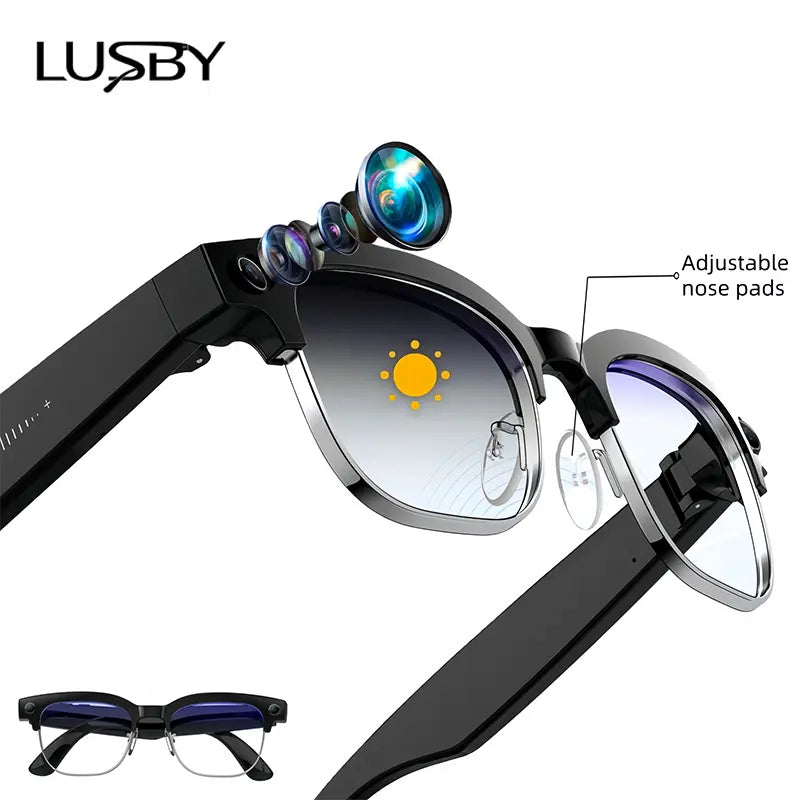 LUSBY Smart AI Camera Glasses with 8MP Photochromic Lenses, Touch Button Adjustment, Hands-Free Photography, Real-Time Translation in 160+ Languages, Bluetooth Connectivity, Wearable Video Recording, UV Protection – Ideal for Outdoor Adventures and Travel