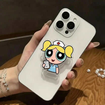 Nurse Powerpufff Girls Badge Reel and Phone Grip, Cute Accessories, Cute Cartoon Retractable Acrylic ID Name Tag Holder and Kindle Grip, Gift for Fans