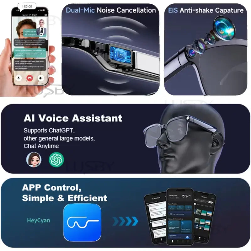 LUSBY Smart AI Camera Glasses with 8MP Photochromic Lenses, Touch Button Adjustment, Hands-Free Photography, Real-Time Translation in 160+ Languages, Bluetooth Connectivity, Wearable Video Recording, UV Protection – Ideal for Outdoor Adventures and Travel