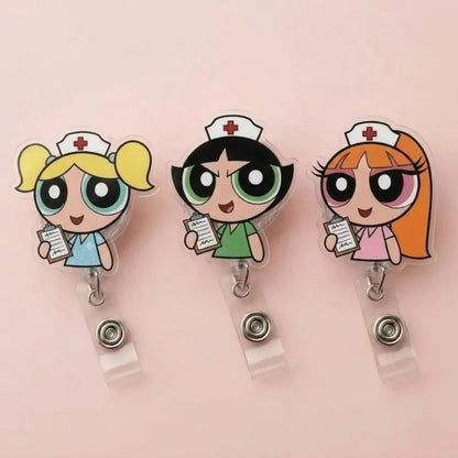 Nurse Powerpufff Girls Badge Reel and Phone Grip, Cute Accessories, Cute Cartoon Retractable Acrylic ID Name Tag Holder and Kindle Grip, Gift for Fans