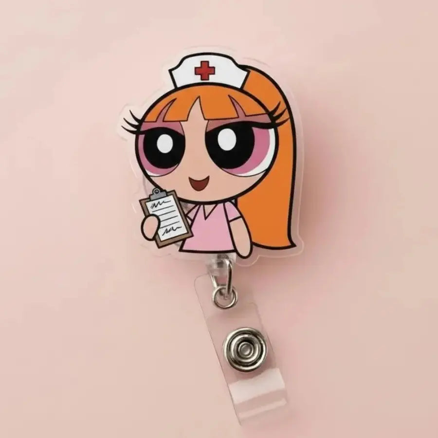 Nurse Powerpufff Girls Badge Reel and Phone Grip, Cute Accessories, Cute Cartoon Retractable Acrylic ID Name Tag Holder and Kindle Grip, Gift for Fans