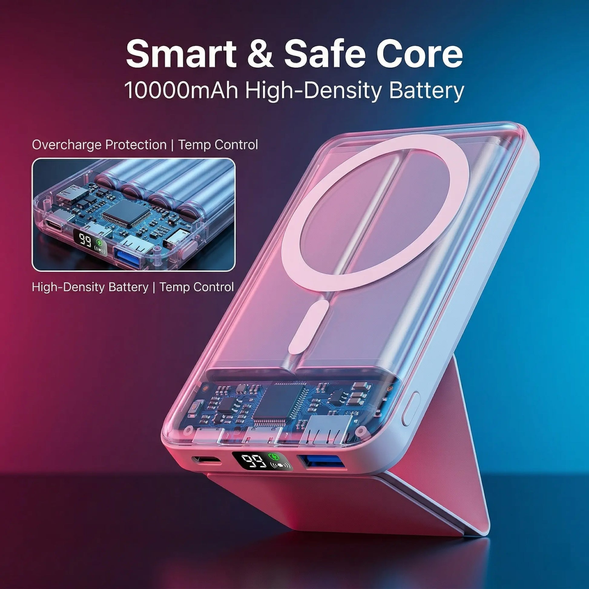 Podoru 10000Mah Magnetic Magsafe Power Bank with Foldable Stand, LED Display, 20W Fast Charging, USB-C Output, Silicone Mobile Smartphone Accessories Cable for Iphone 17/16/15/14/13/12 Series