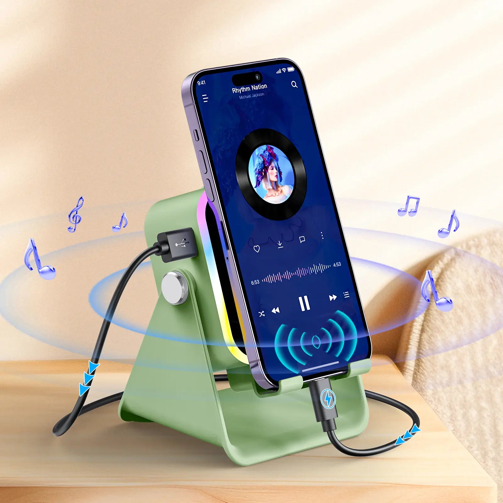 PUTARE Wireless Induction Audio Speaker Stand - 5-in-1 Cell Phone Holder, 3500mAh Rechargeable Emergency Power Bank, 360° Adjustable Mobile Tablet Stand with Colorful Ambient Light - Ideal Gift for Men and Women