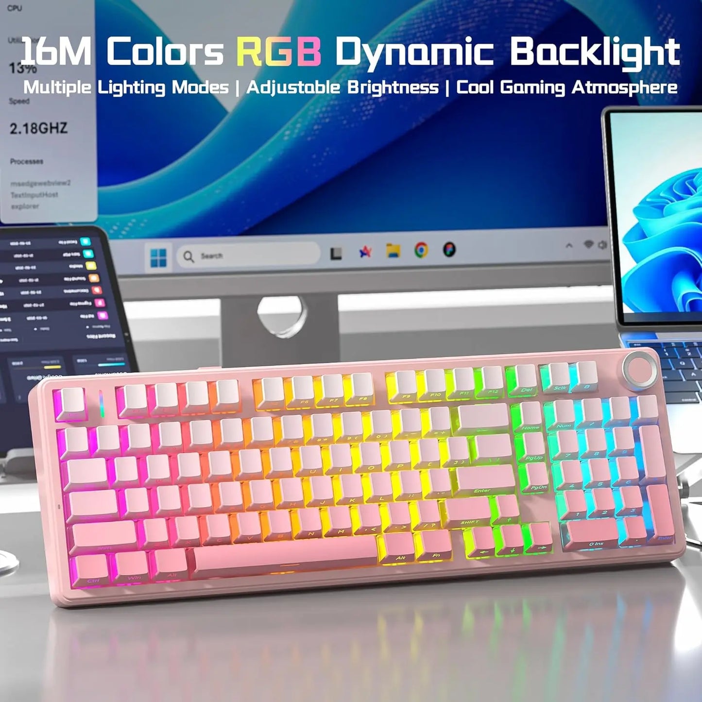 [New]Aula F99 Pro Cute Aesthetic Silent Keyboard, Wireless Custom Mechanical Keyboard, Gradient Pink for Cozy Desk Setup, Tri-Mode RGB Backlight,Hot Swappable Gaming Keyboard with Knob for PC Mac