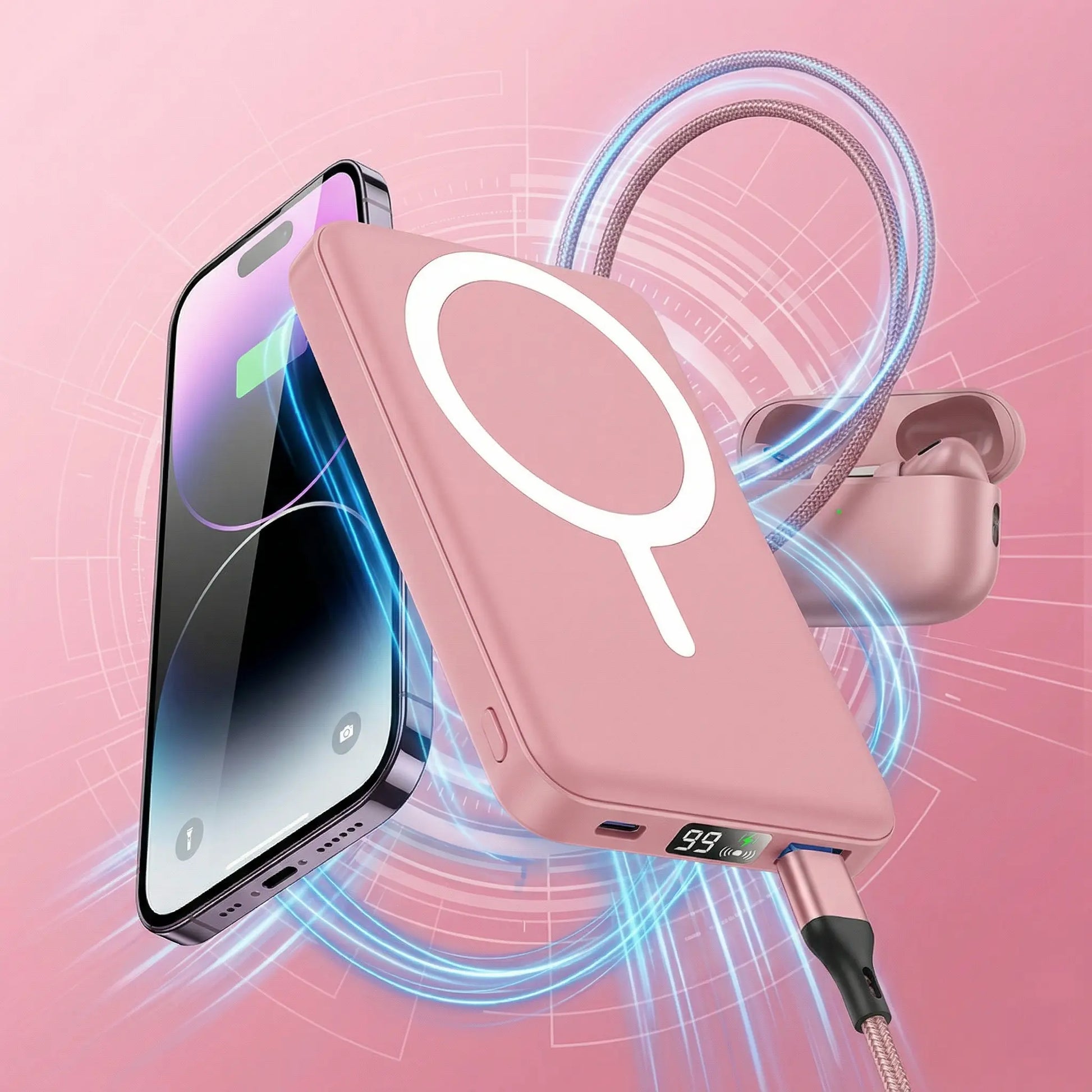 Podoru 10000Mah Magnetic Magsafe Power Bank with Foldable Stand, LED Display, 20W Fast Charging, USB-C Output, Silicone Mobile Smartphone Accessories Cable for Iphone 17/16/15/14/13/12 Series