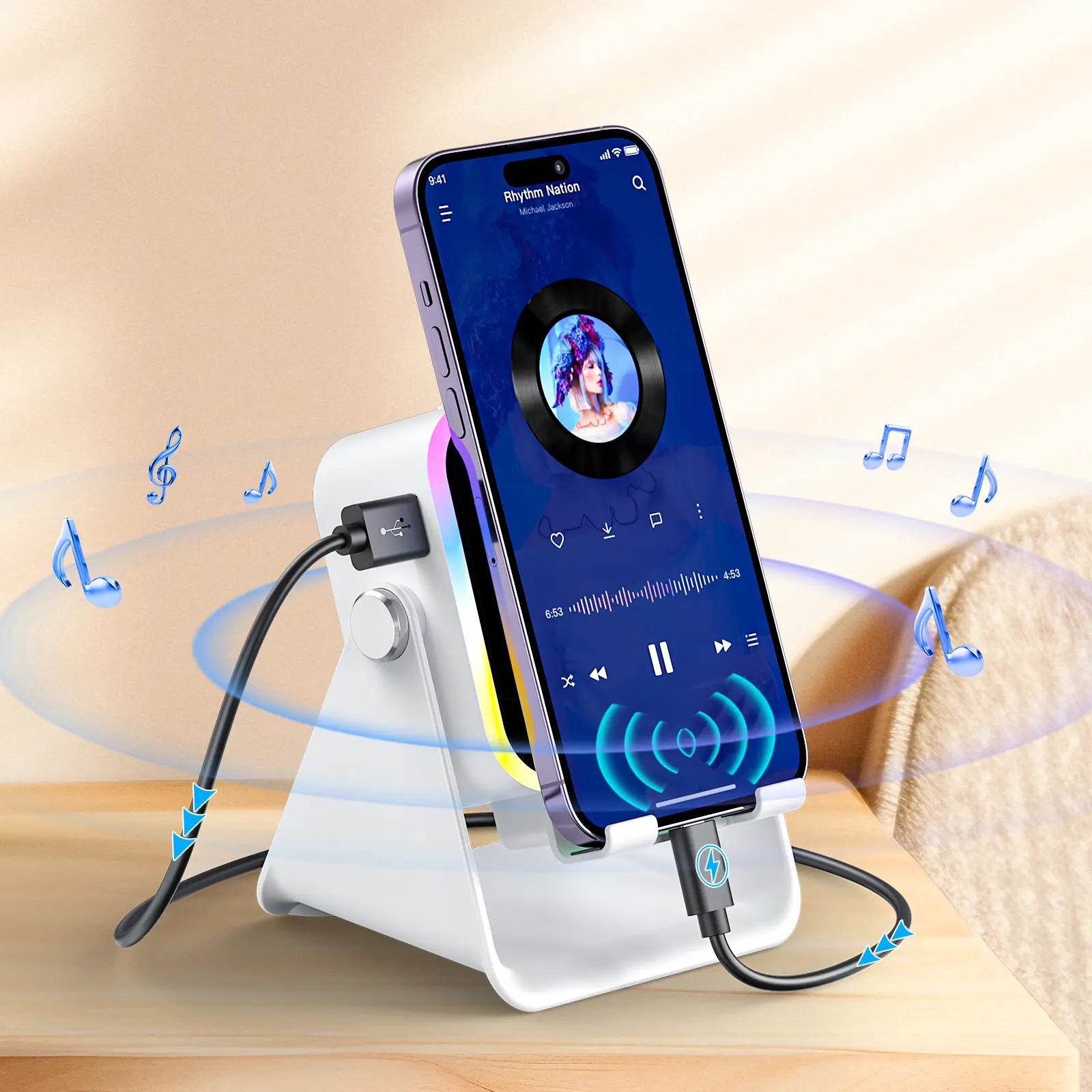PUTARE Wireless Induction Audio Speaker Stand - 5-in-1 Cell Phone Holder, 3500mAh Rechargeable Emergency Power Bank, 360° Adjustable Mobile Tablet Stand with Colorful Ambient Light - Ideal Gift for Men and Women